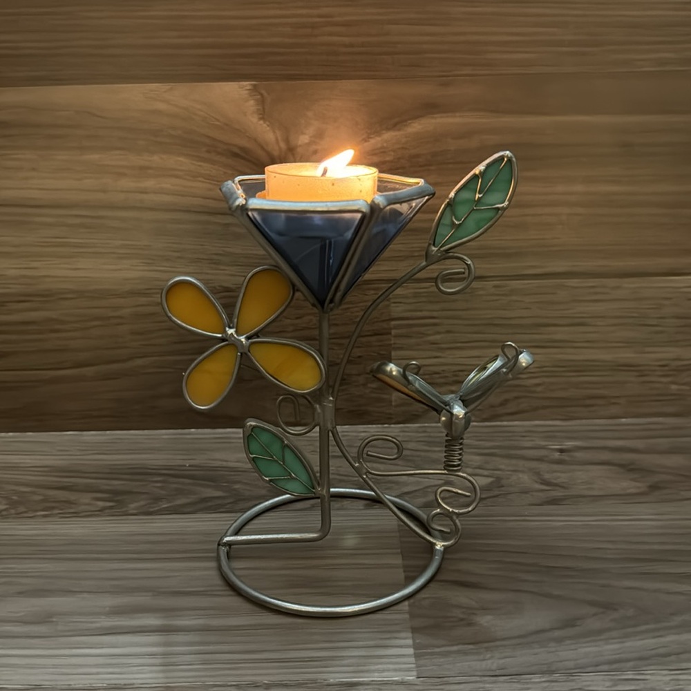 Vintage Stained Glass TeaLight Holder Flower Butterfly Leaf Stem Silvertone